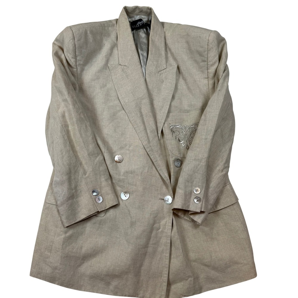 Linda Allard Ellen Tracy Vintage 90s Linen Blazer 14 Beige Double Breasted Crest